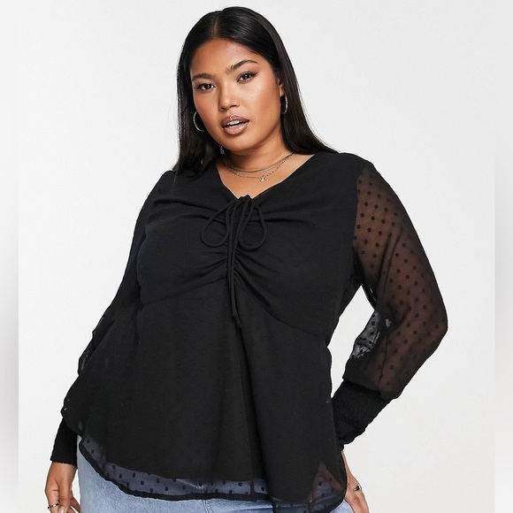 ASOS Simply Be Black Sheer Swiss Dot Long Sleeve Blouse with Ruched Front Sz 16 - Picture 6 of 6